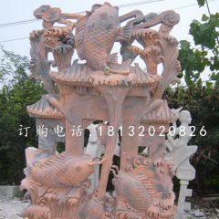 鲤鱼跃龙门石雕，晚霞红景观雕塑